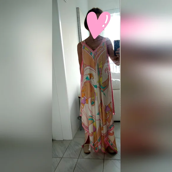 BRIJO Vintage Pastel Rolled Jacquard Silk Hankerchief V Tank Maxi Dress - Picture 15 of 16